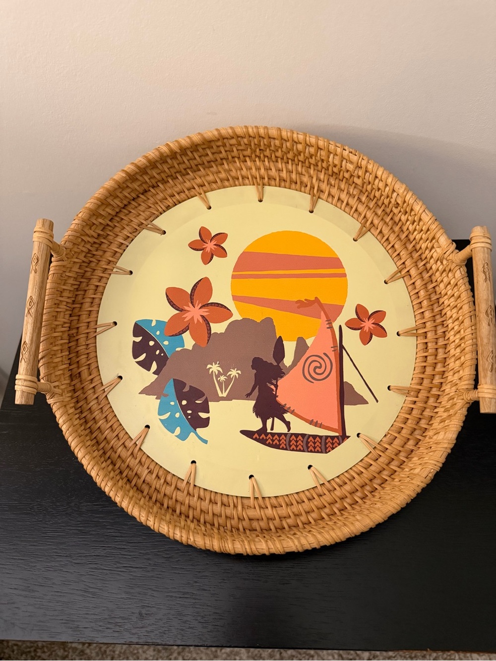 Disney Moana Round Serving Tray 12 in Rattan/Wood Handles Tropical Floral